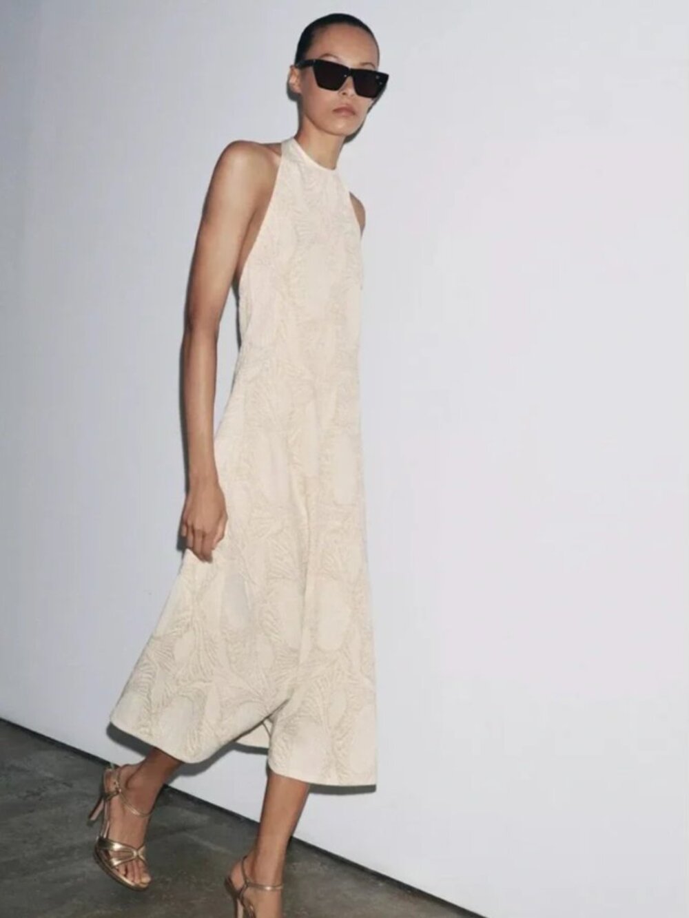 Zara Halter Jacquard Midi Dress In Cream & Gold Size L NWT‎